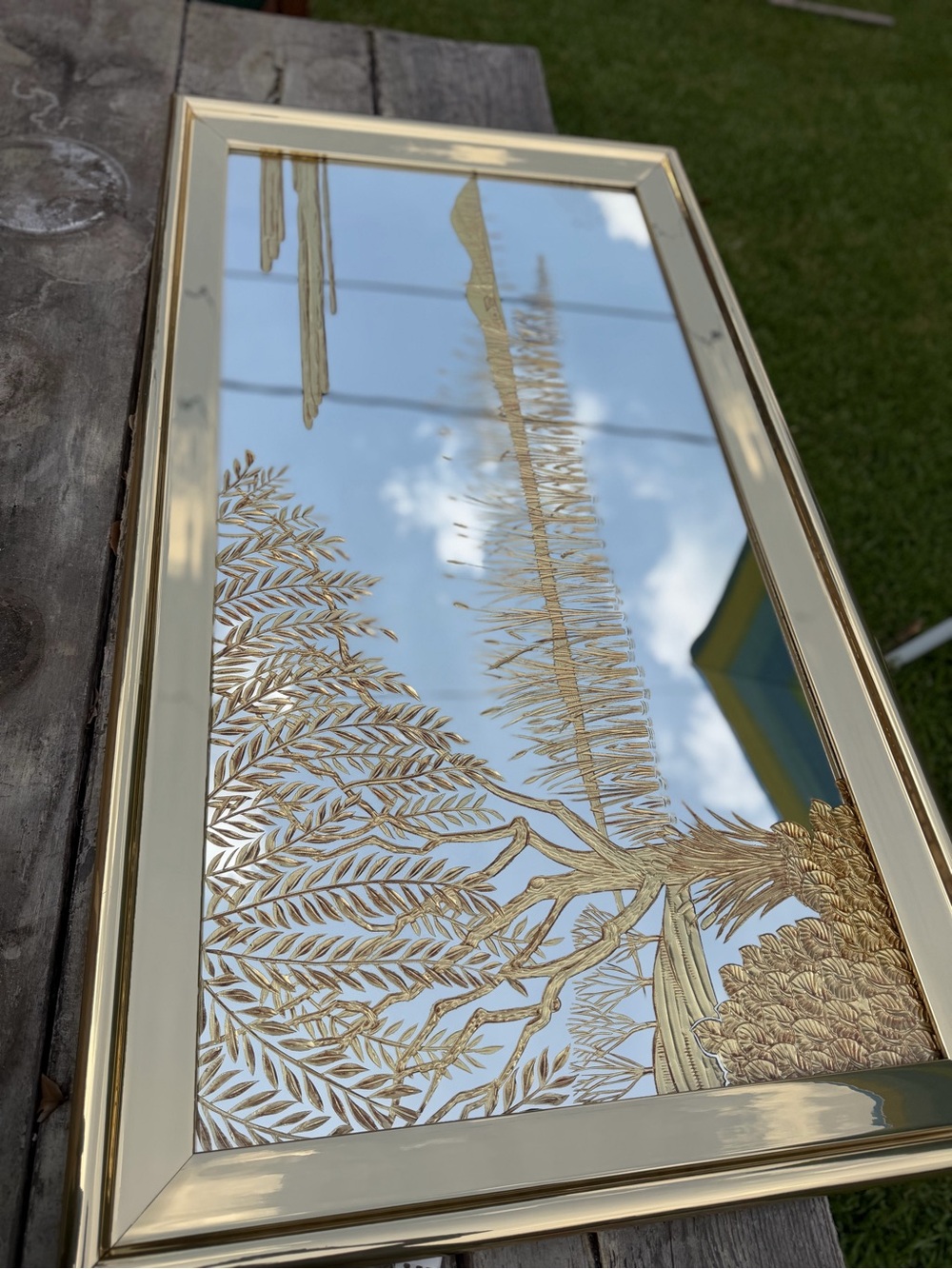 Vintage Hollywood Regency Asian 53x30 Chinoiserie Landscape Gold Etched Mirror